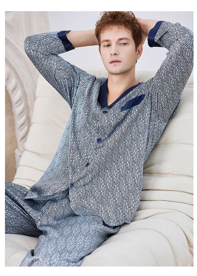 Men's 19MM 100% Pure Mulberry Silk Pajamas Set Print Silk Sleepwear M L XL