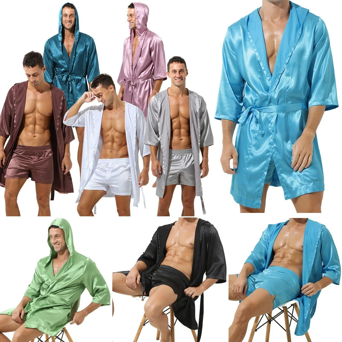 Mens Pajamas Set Night Sleep Robes Silk Satin Nightgown Bathrobe Shorts Homewear