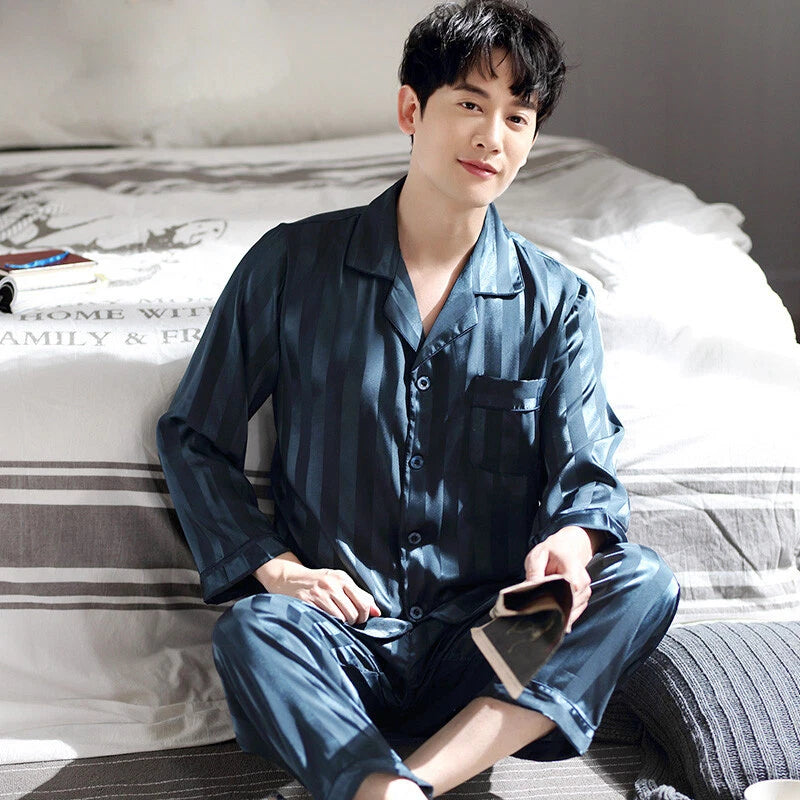 Men Silk Satin Pajama Set Print Sleepwear Loungewear Long Sleeve Shirt Nightwear