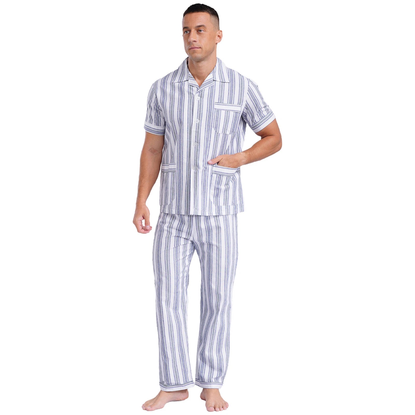 Mens Homewear Button Down Pajama Set Trousers Sleepwear Dailywear Lightweight