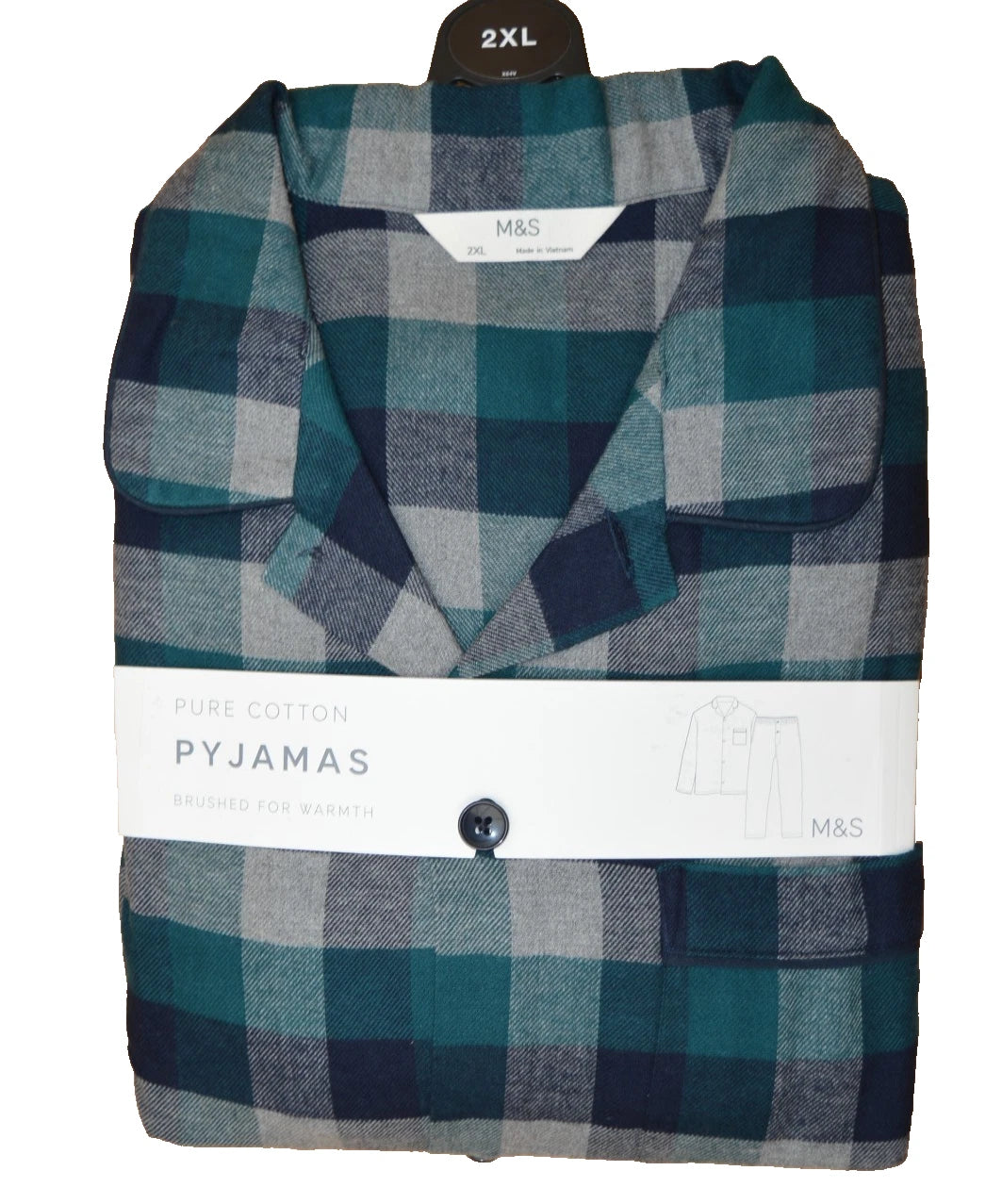 New M&S Collection Mens Check Brush Cotton Green Navy Green Pyjamas Sz 2XL