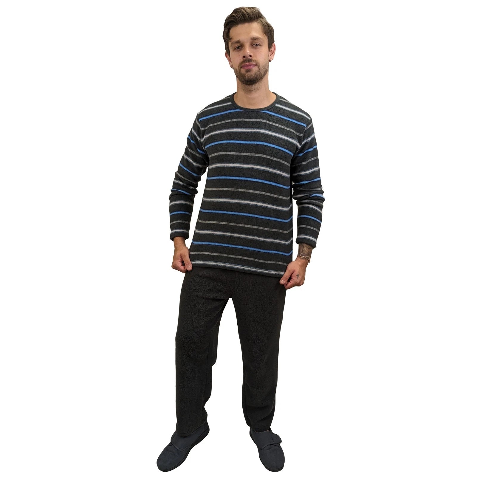 Mens Fleece Warm Soft Pyjamas Striped PJ Set Nightwear Nightsuit Pyjama S-4XL