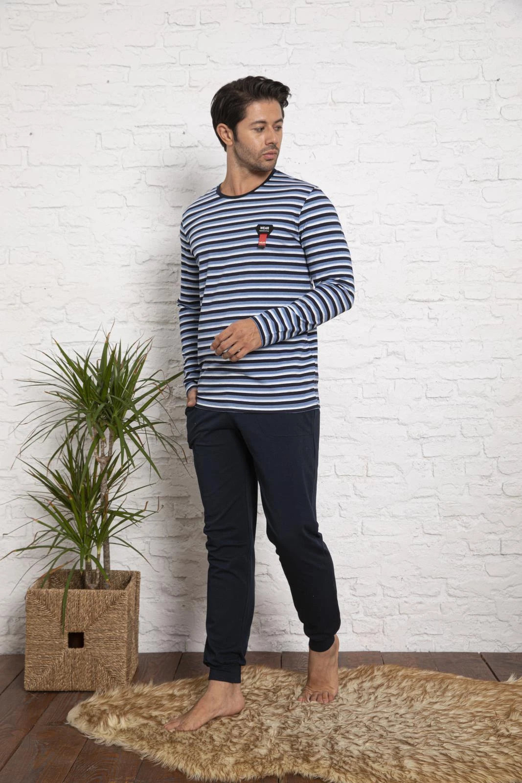 Mens Pajamas Long Sleeve Cotton Set Pajamas Home Suit Sleepwear M-2XL-