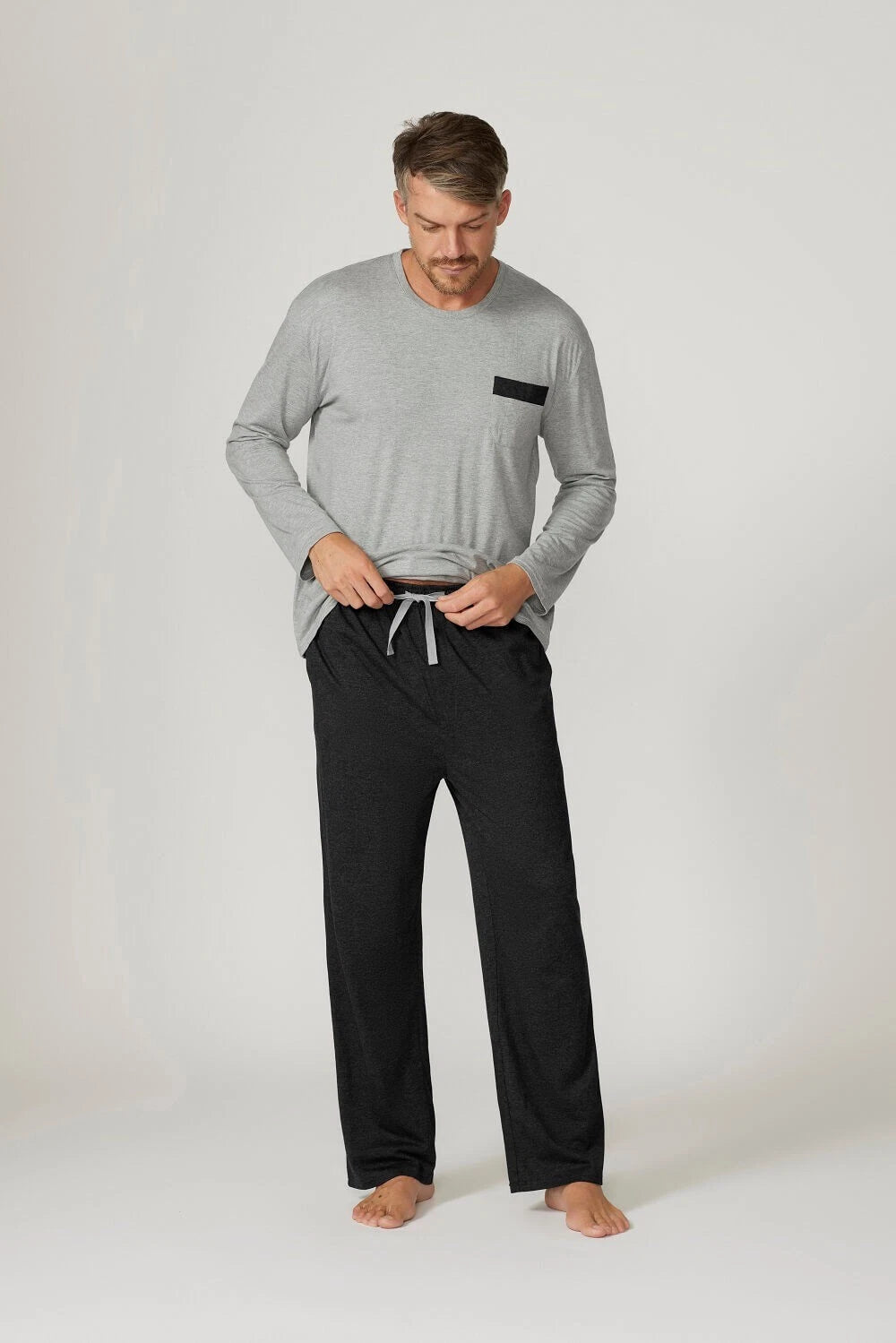 Mens Contare Sizes S-7XL Grey Black Bamboo Cotton Long Sleeve Pyjama Set Pjs