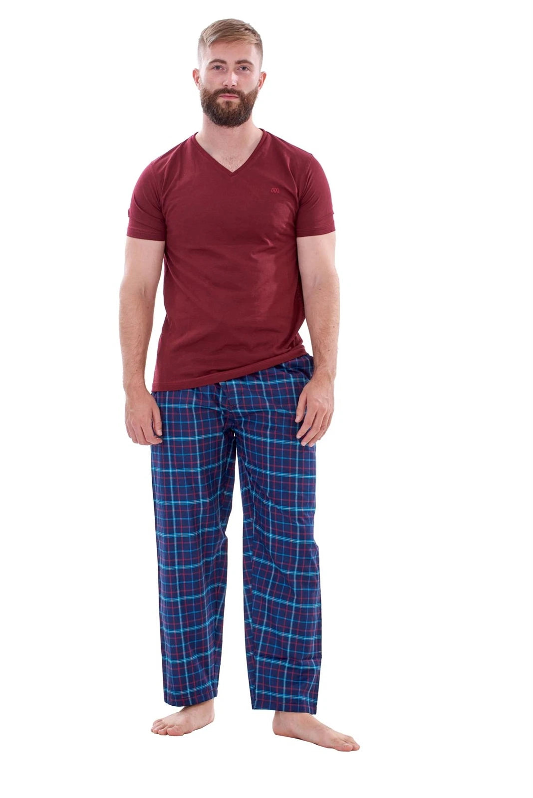 Mens Nightwear Pyjama Set Woven Cotton Check Jersey Top Loungewear Lightweight