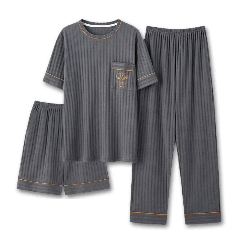 Men Pajamas Set Summer O-neck Vest Shorts Knitted Faux Cotton Pijamas Leisure US