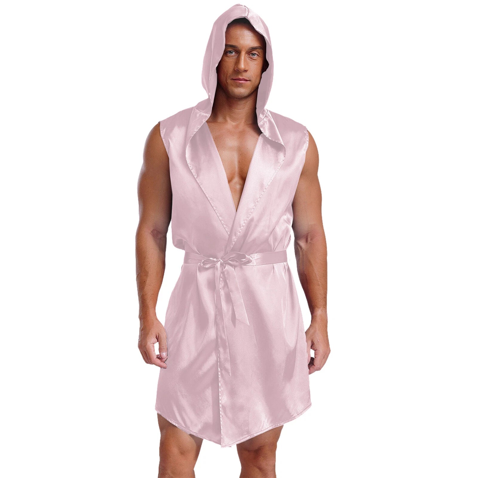 Men's Satiny Pajama Robe Set Sleeveless Silk Hooded Bathrobe with Belt Sleepwear