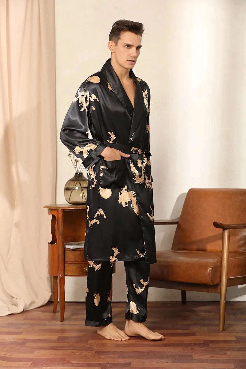 2024 New Men's Satin Pajama Robe and Pants Pajama Set Hot