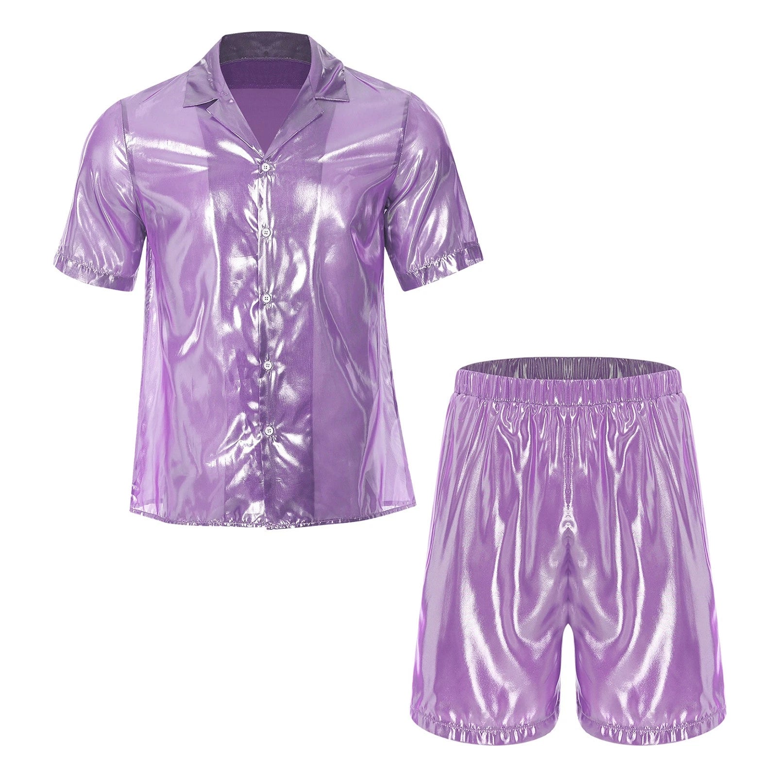 Men Shiny Glossy See-Through Metallic Chiffon Jumpsuit Bodysuit /Pajama Set