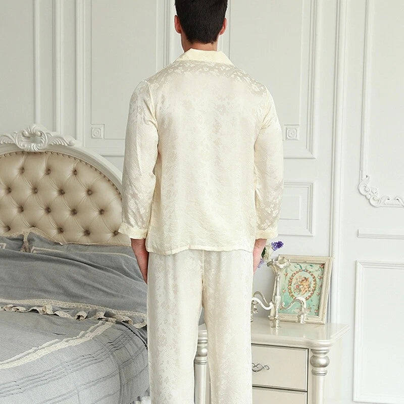 Men's 19MM 100% Pure Mulberry Silk Pajamas Set Long Sleeves Silk Sleepwear S~XXL