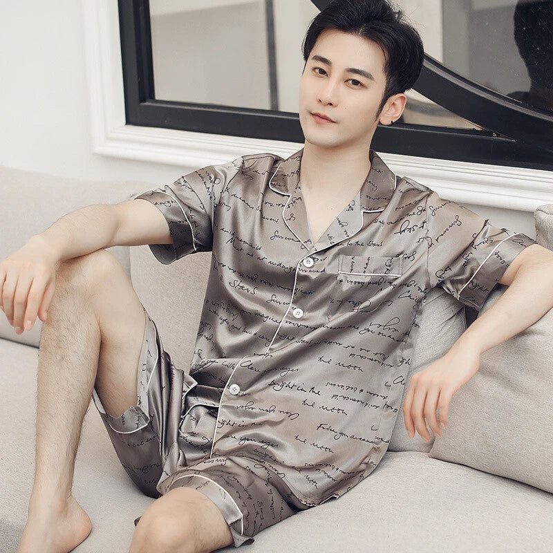 Men Silk Satin Pajama Set Print Sleepwear Loungewear Long Sleeve Shirt Nightwear