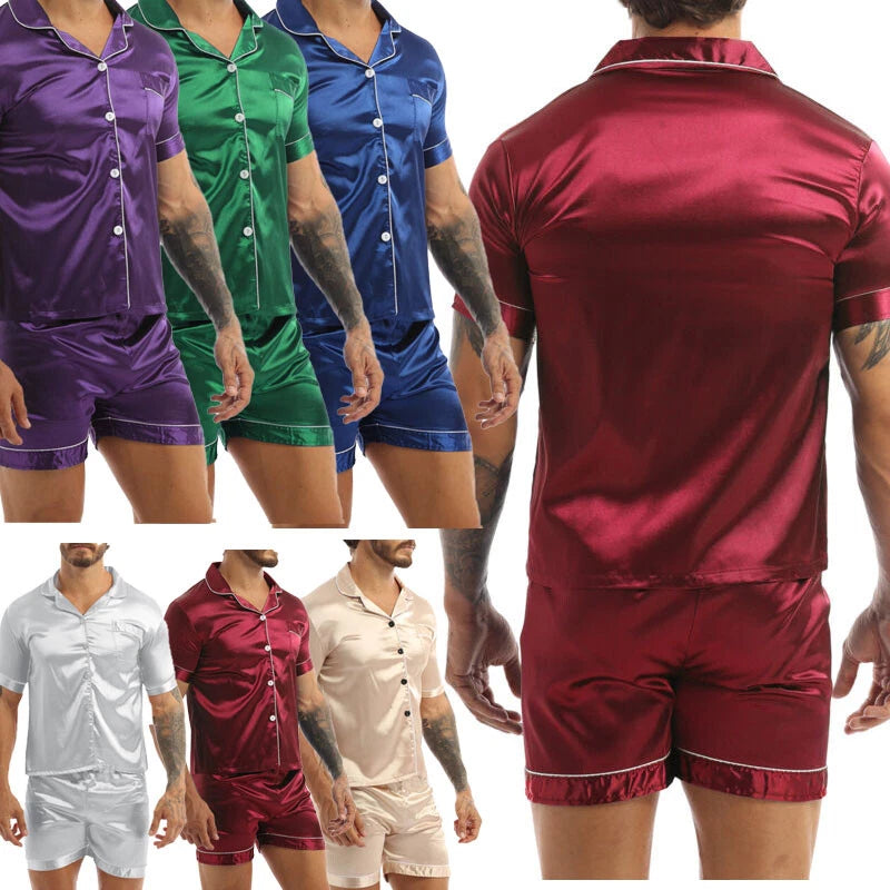 Mens Silk Satin Pajamas PJ Set Top and Bottom Shirts Shorts Sleepwear Nightwear