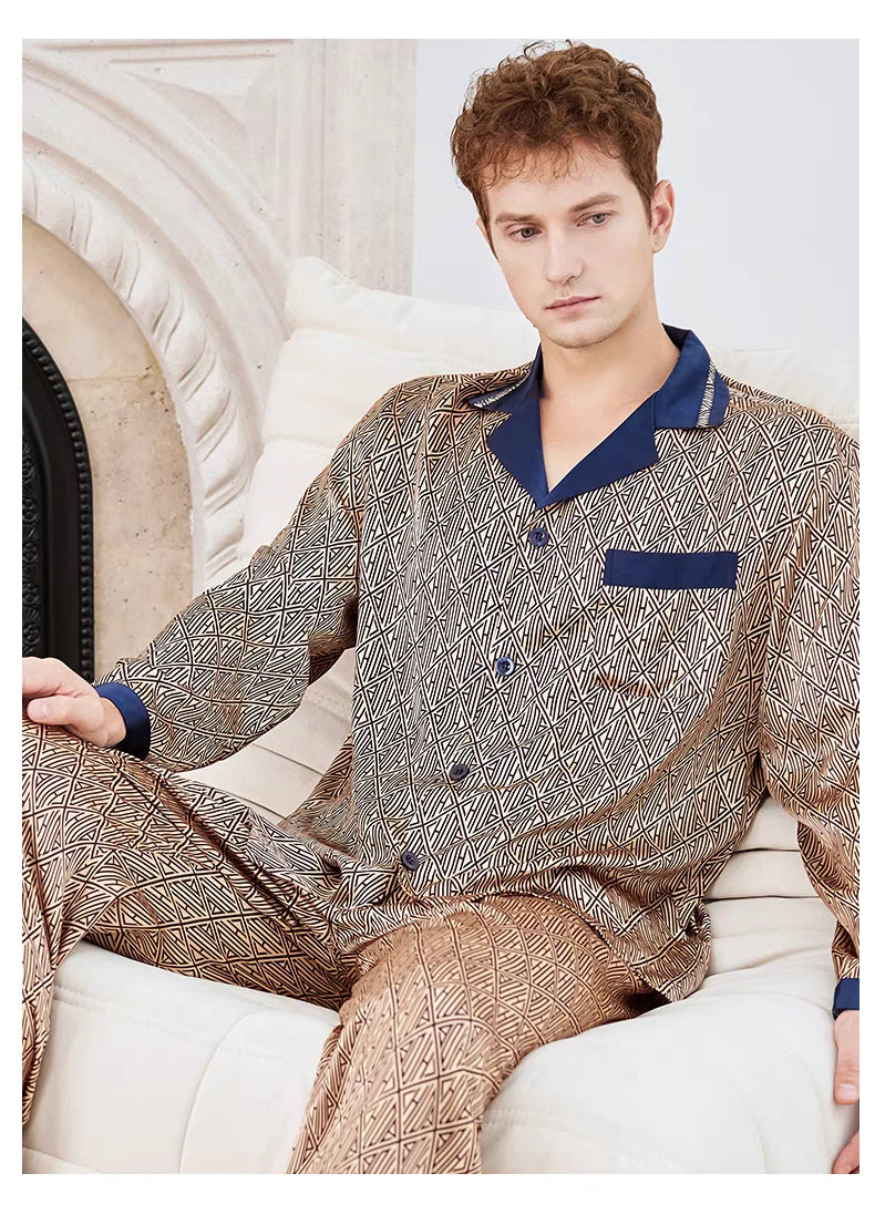 Men's 19MM 100% Pure Mulberry Silk Pajamas Set Print Silk Sleepwear M L XL