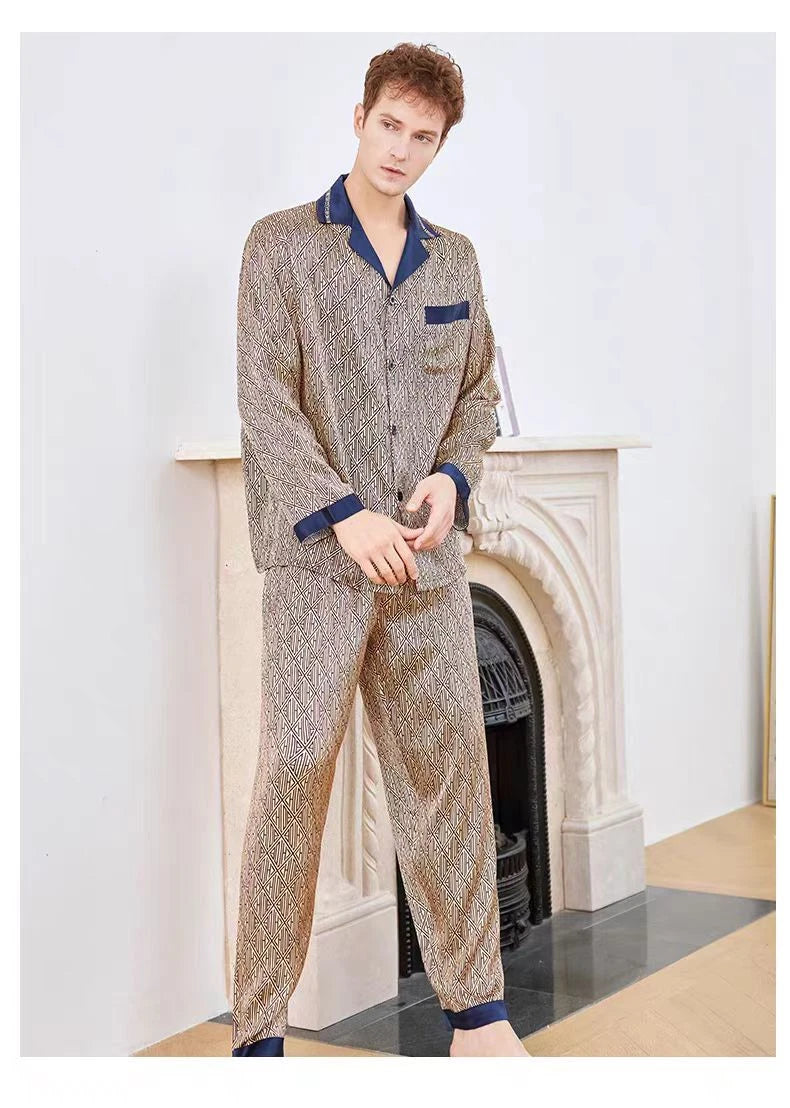 Men's 19MM 100% Pure Mulberry Silk Pajamas Set Print Silk Sleepwear M L XL