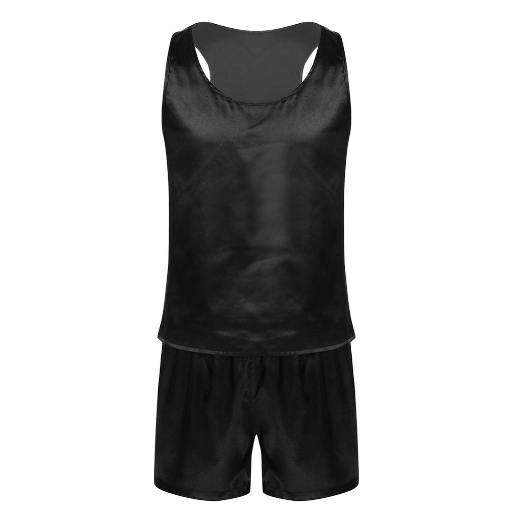 Mens Muscle Shirts Pajama Set Sexy Satin Sleepwear Tank Top Shorts Nightwear