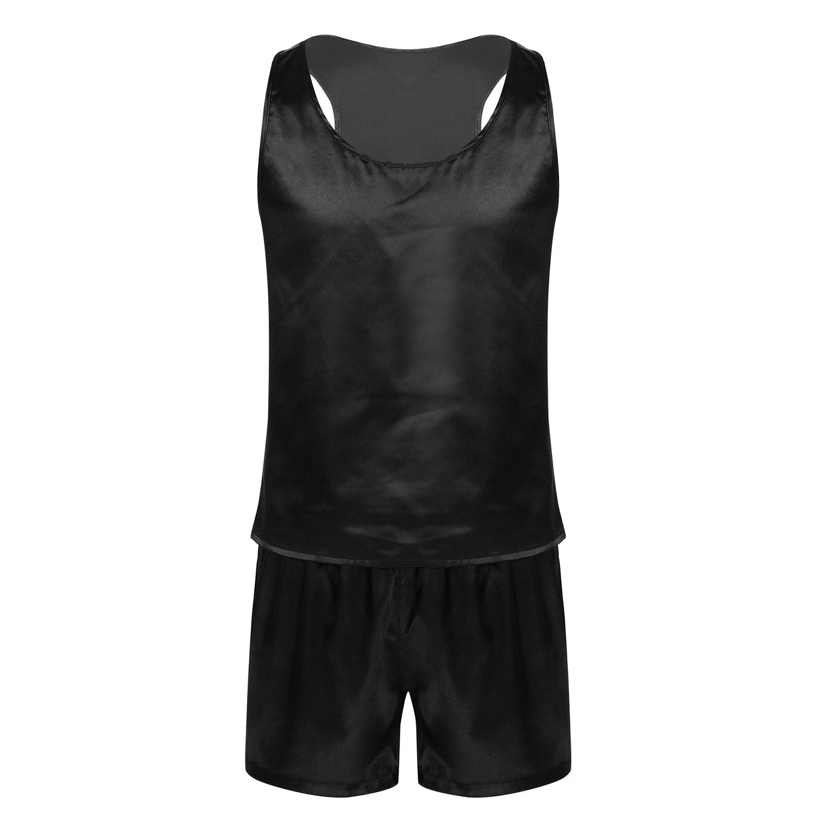 Mens Muscle Shirts Pajama Set Sexy Satin Sleepwear Tank Top Shorts Nightwear