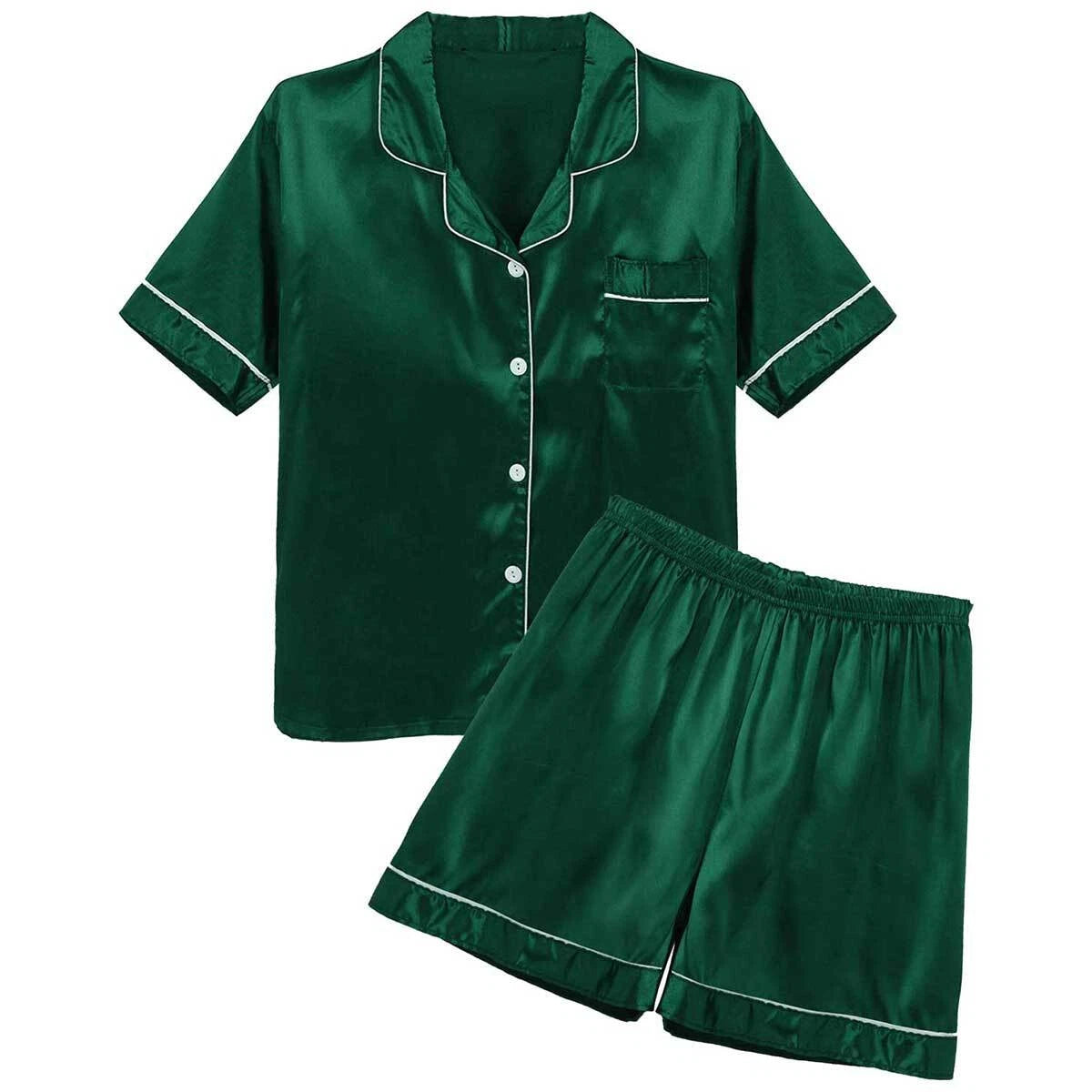 Men's Silky Satin Pajamas Set Short Sleeves Button T-Shirt Tops with Shorts