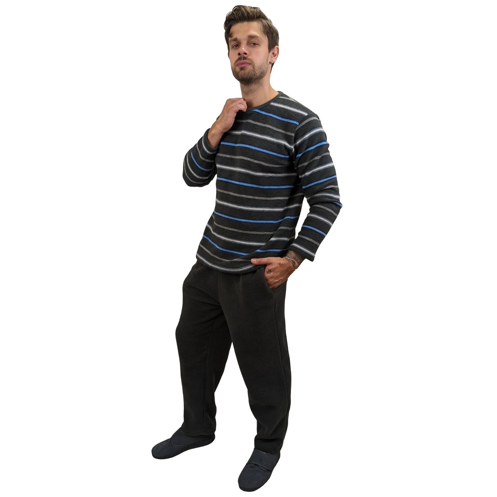Mens Fleece Warm Soft Pyjamas Striped PJ Set Nightwear Nightsuit Pyjama S-4XL