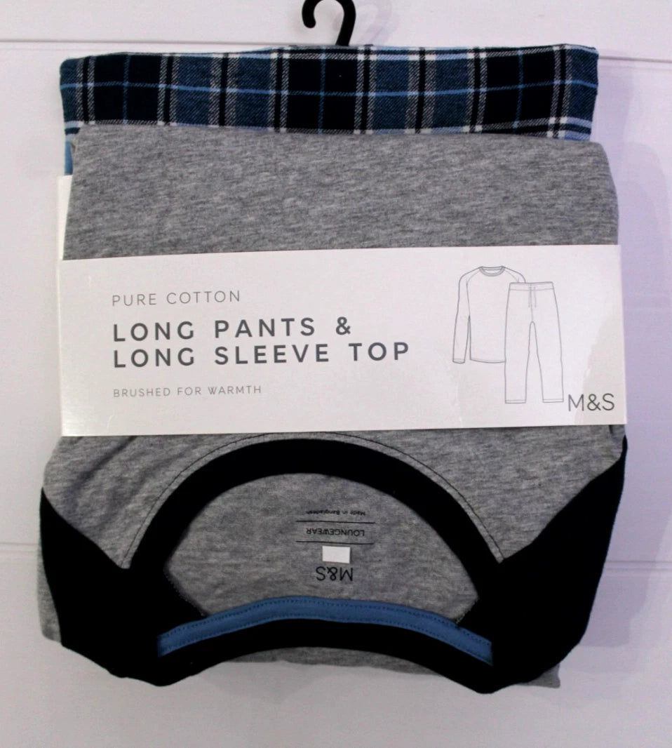 M & S Mens Pure Cotton Brushed For Warmth Pyjamas Loungewear Top & Long Pants