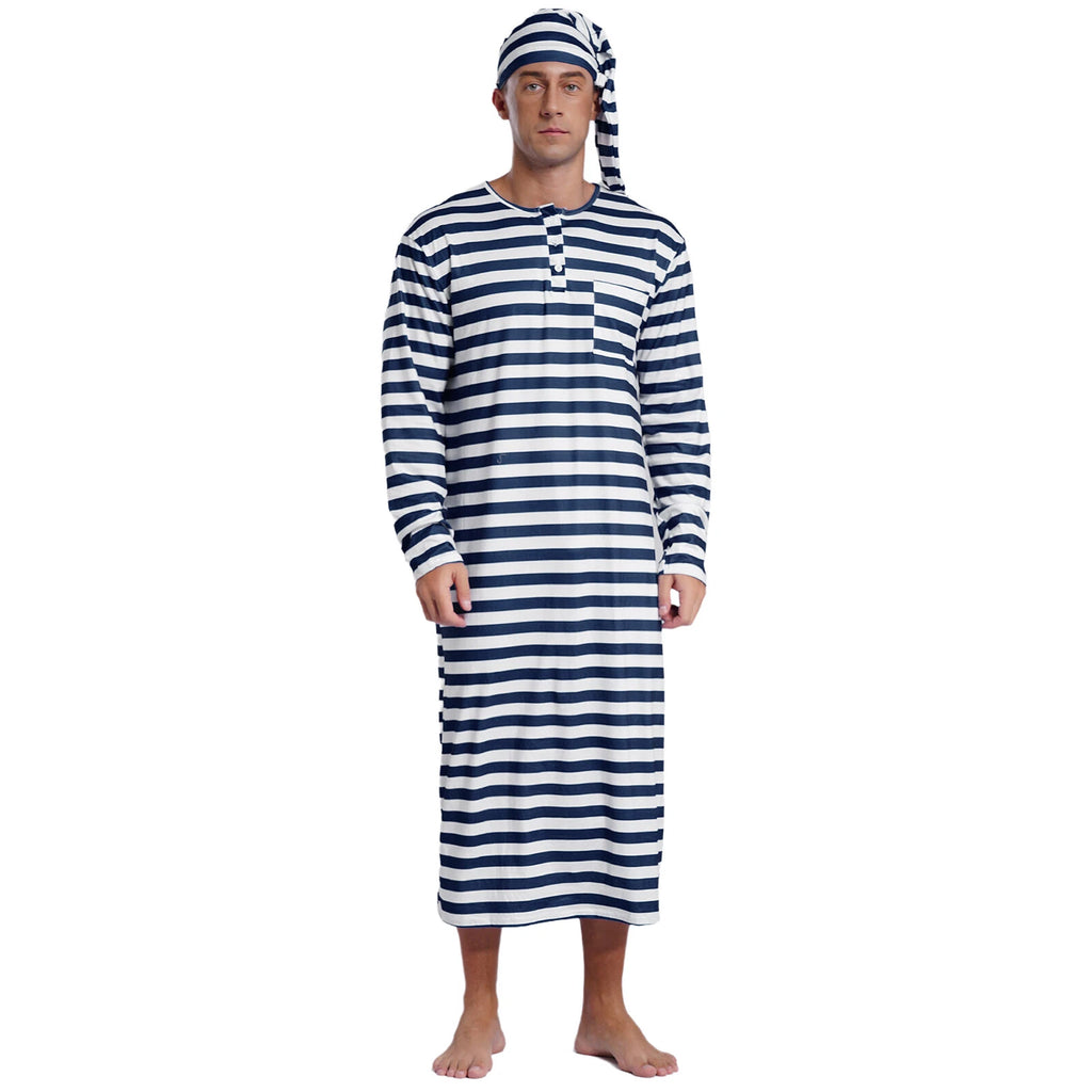 Men's Pajamas Set Long Sleeve Striped Robe Round Neck Loose Sleepwear with Hat
