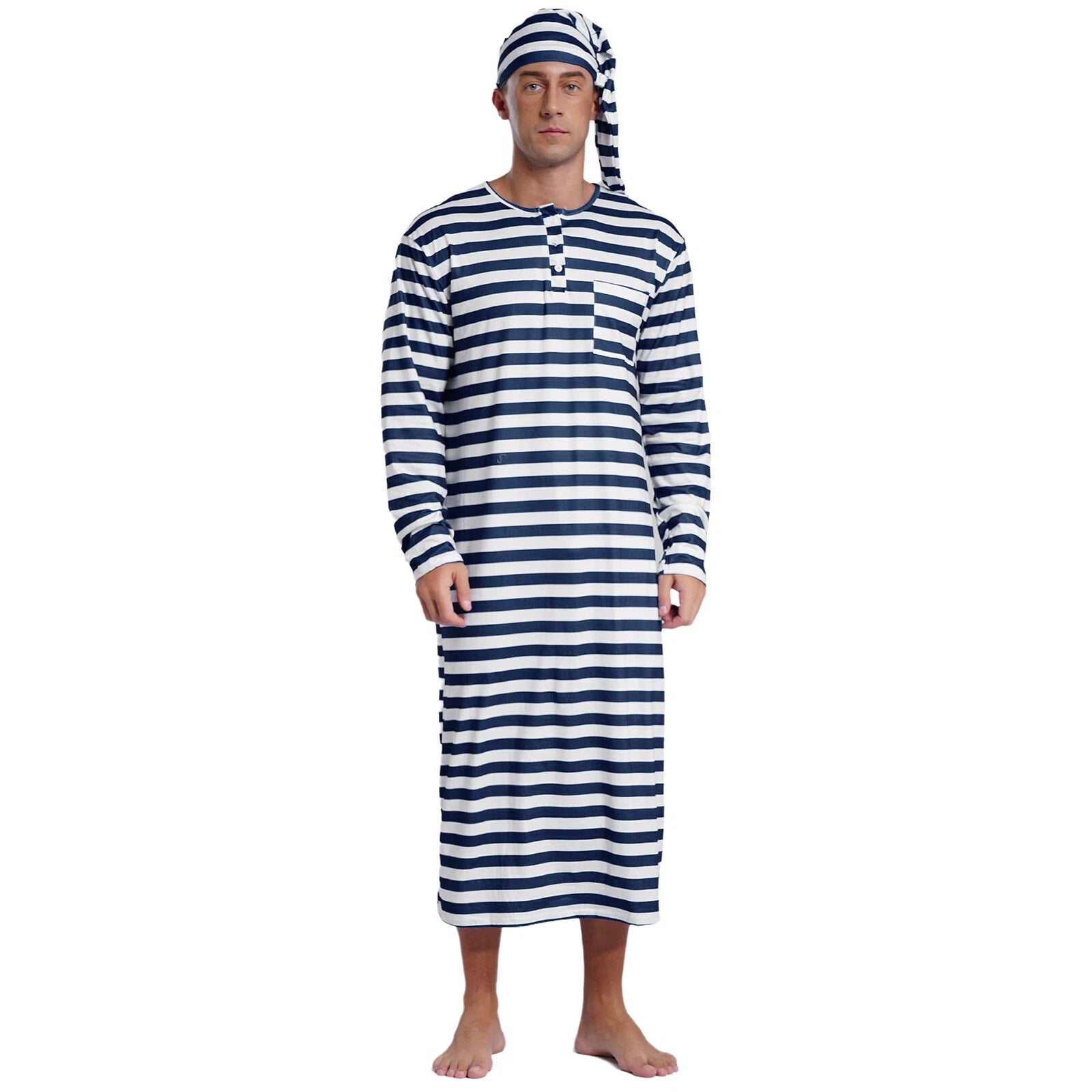 Men's Pajamas Set Long Sleeve Striped Robe Round Neck Loose Sleepwear with Hat