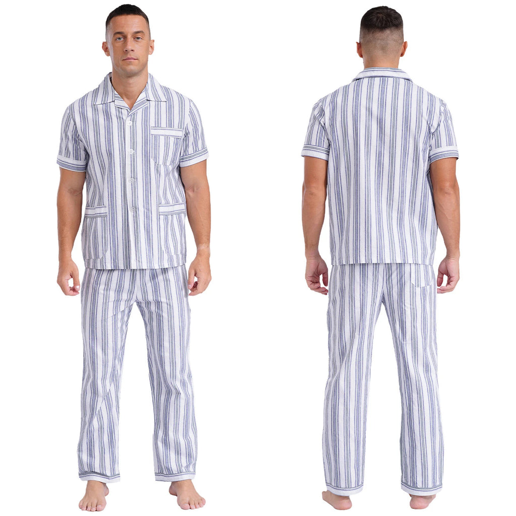Mens Homewear 2pcs Pajama Set Sleep Sleepwear Shirt Nightgown Button Down Suits