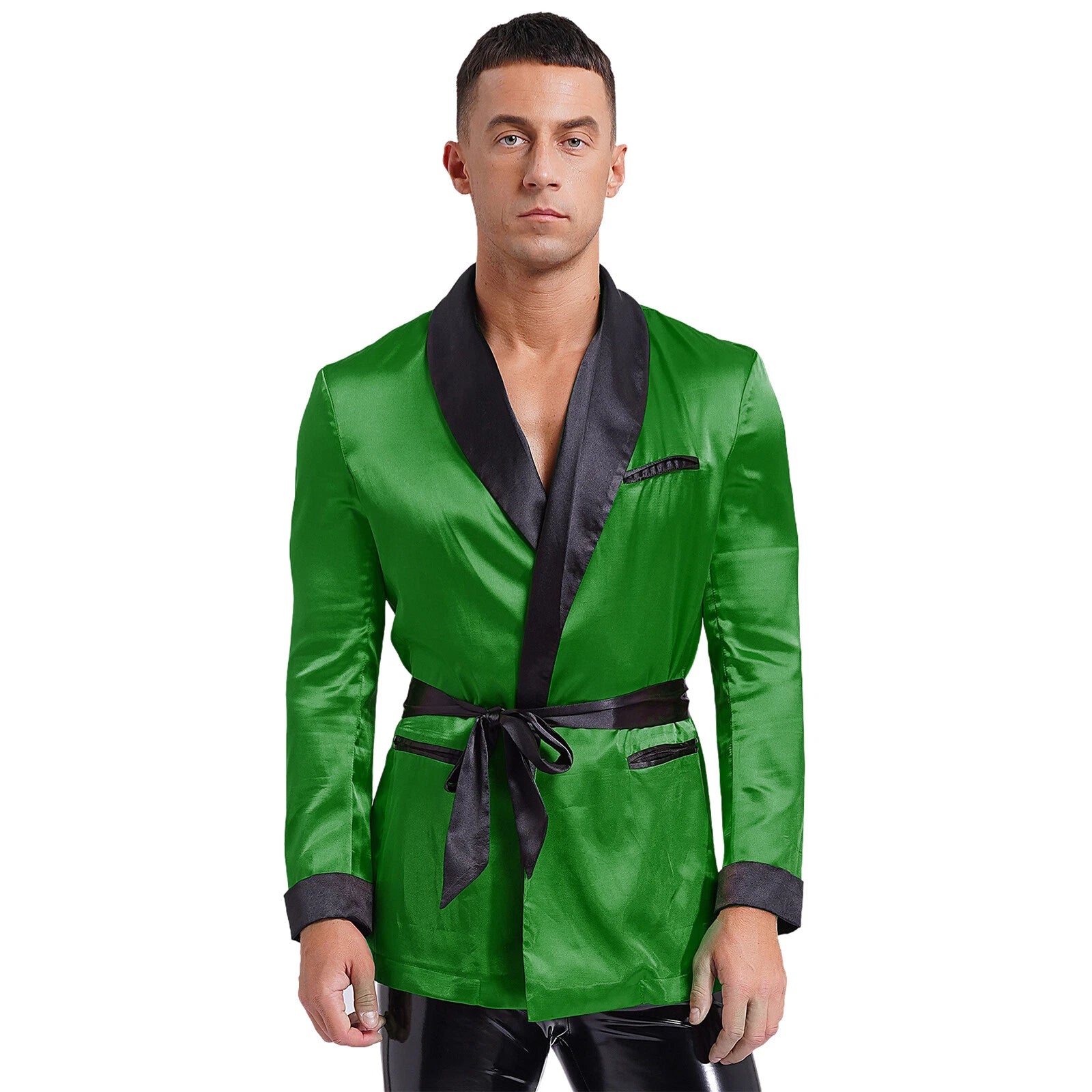 Men's Silk Satin Pajamas Set Short Sleeves Top and Bottom Boxer Shorts Shirt Set