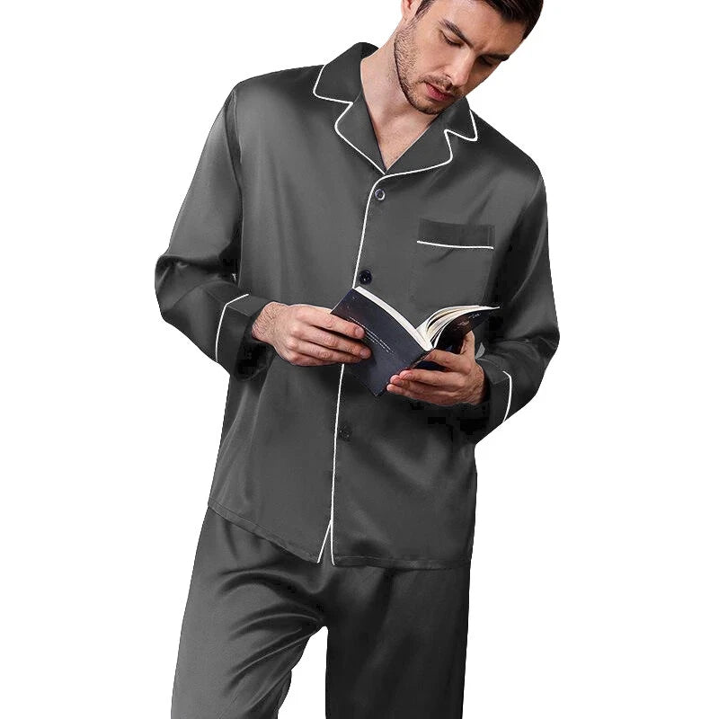 Mens Silk Satin Pajamas - PJ Set Top and Bottom - Grey White Piping
