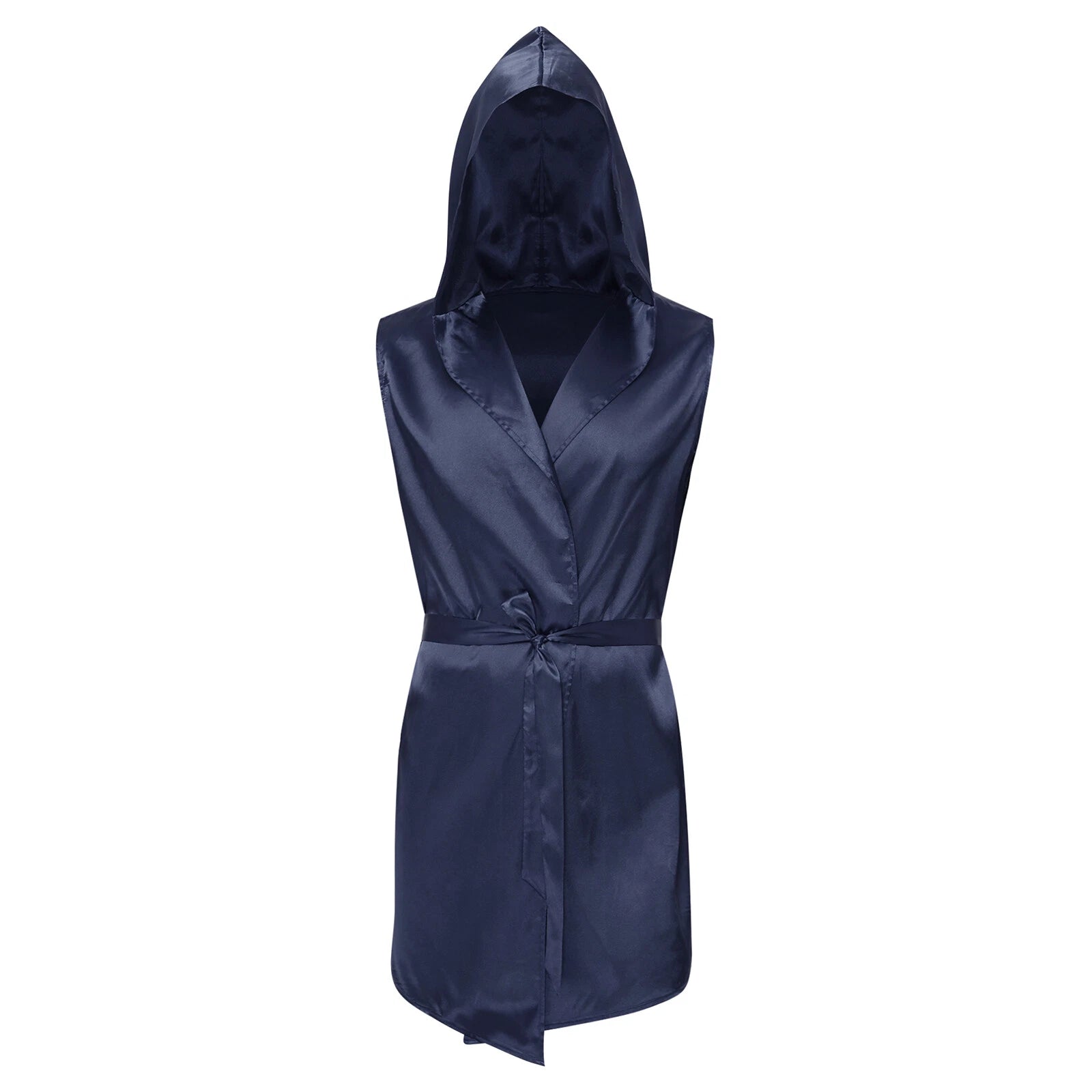 Men's Satiny Pajama Robe Set Sleeveless Silk Hooded Bathrobe with Belt Sleepwear