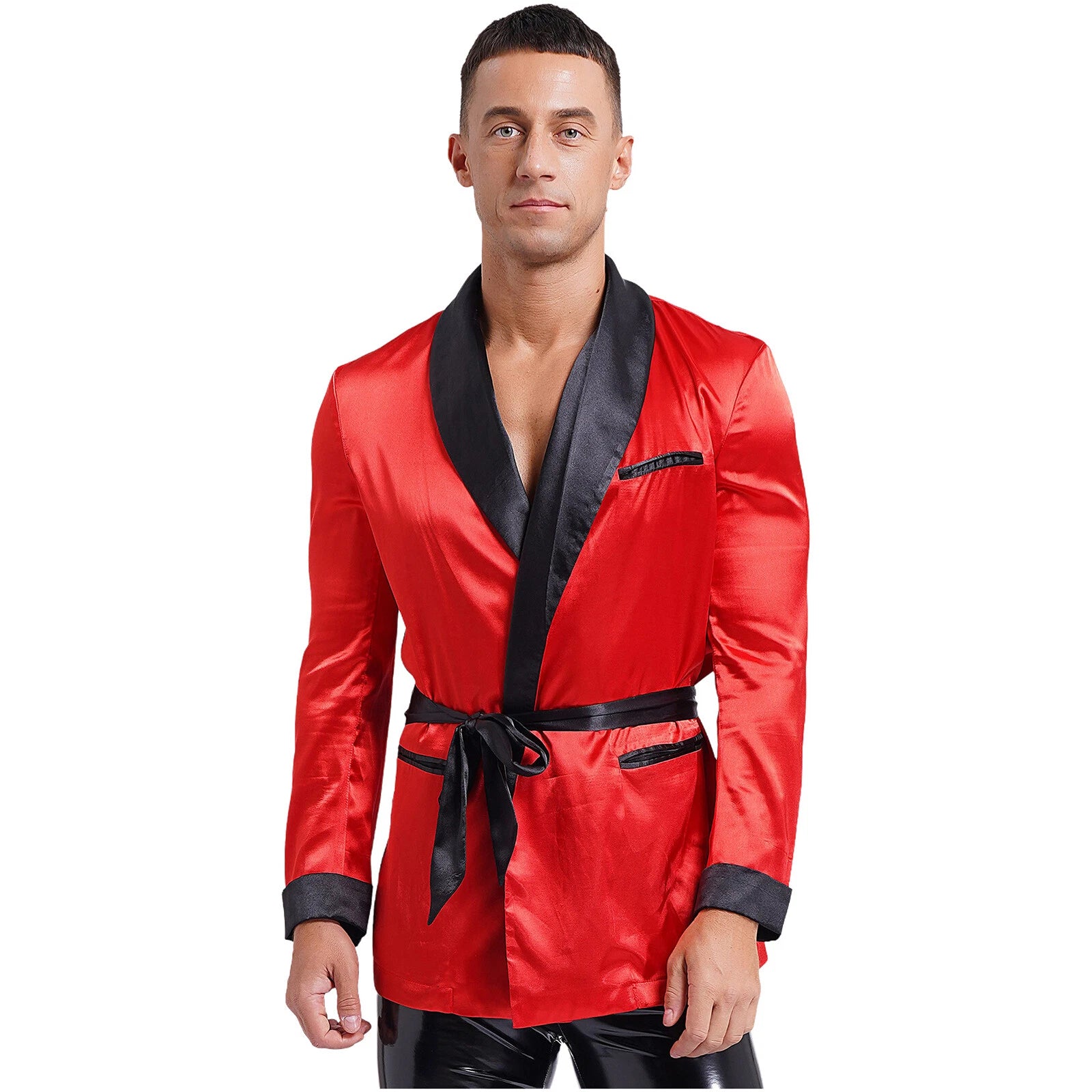 Men's Silk Satin Pajamas Set Short Sleeves Top and Bottom Boxer Shorts Shirt Set