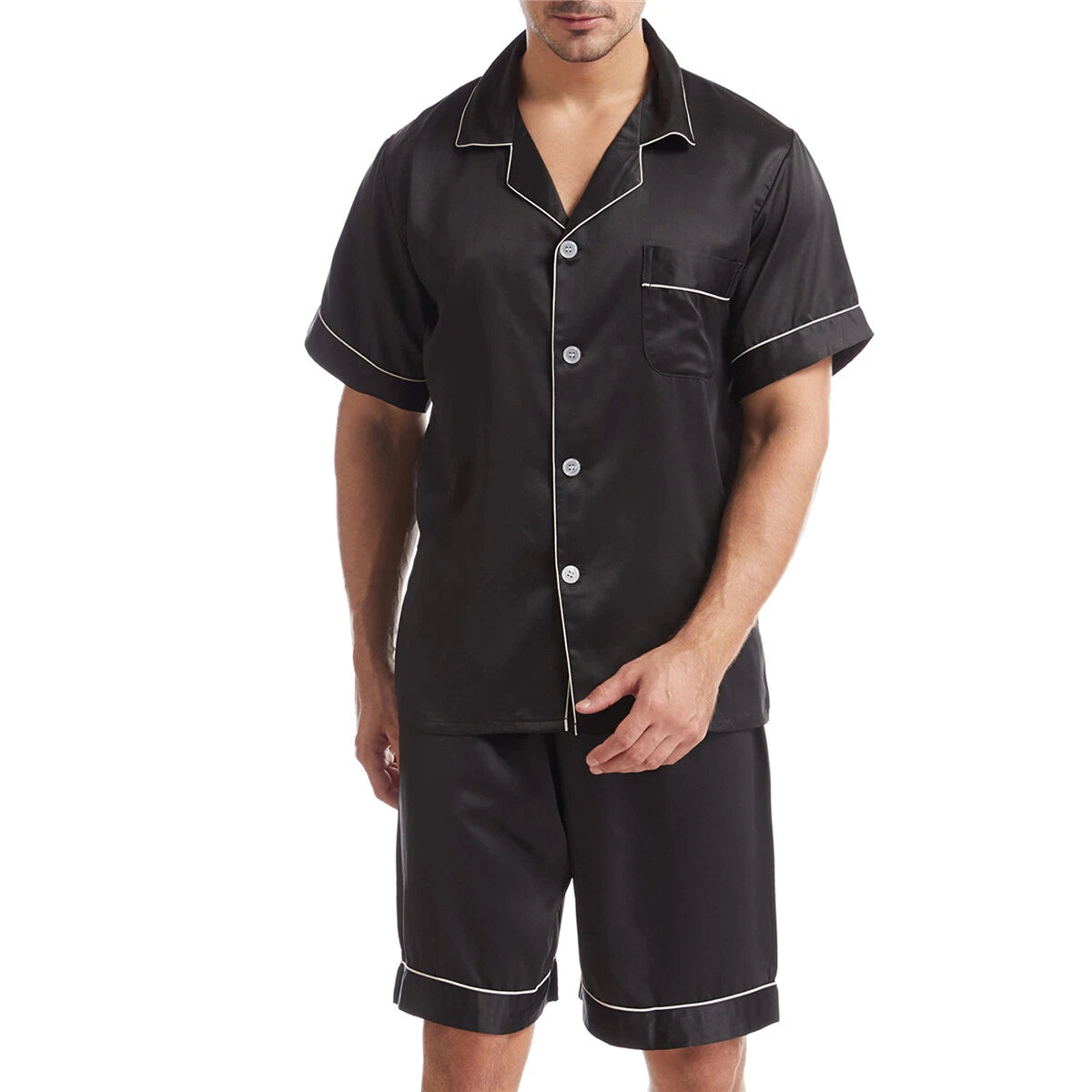 Men Satin Pajamas Set Shorts + Shirt Sleepwear Lounge Nightwear Buttons Outfit