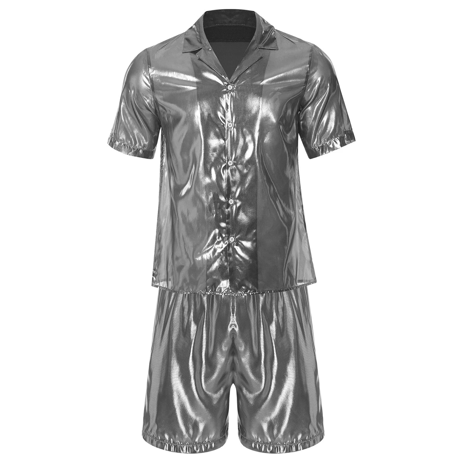 Men Shiny Glossy See-Through Metallic Chiffon Jumpsuit Bodysuit /Pajama Set