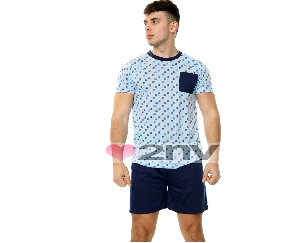 Mens Pyjama Set Short Sleeve Cotton Blend Lounge Wear Mens PJ Shorts Set