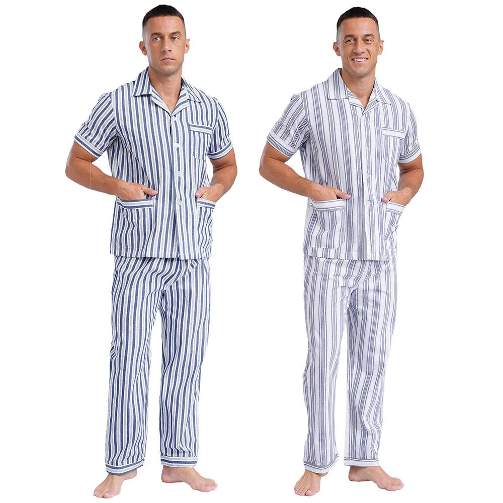Mens Homewear 2pcs Pajama Set Sleep Sleepwear Shirt Nightgown Button Down Suits