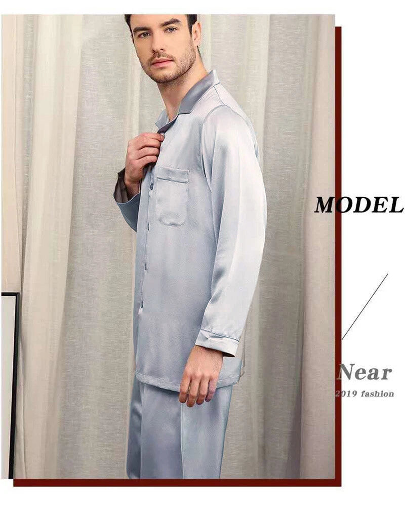 Men's 30MM 100% Pure Mulberry Silk Pajamas Set Long Sleeves Silk Sleepwear S~XXL