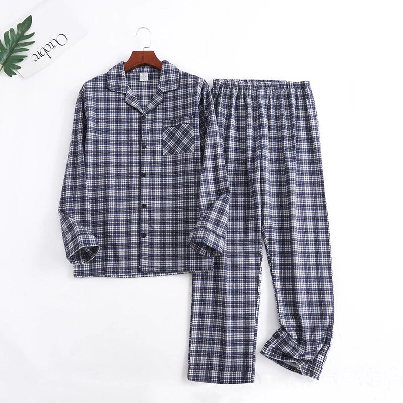 Men's Pajamas Set 100% Cotton Sleepwear Long Sleeve Button Top Pants Nightwear