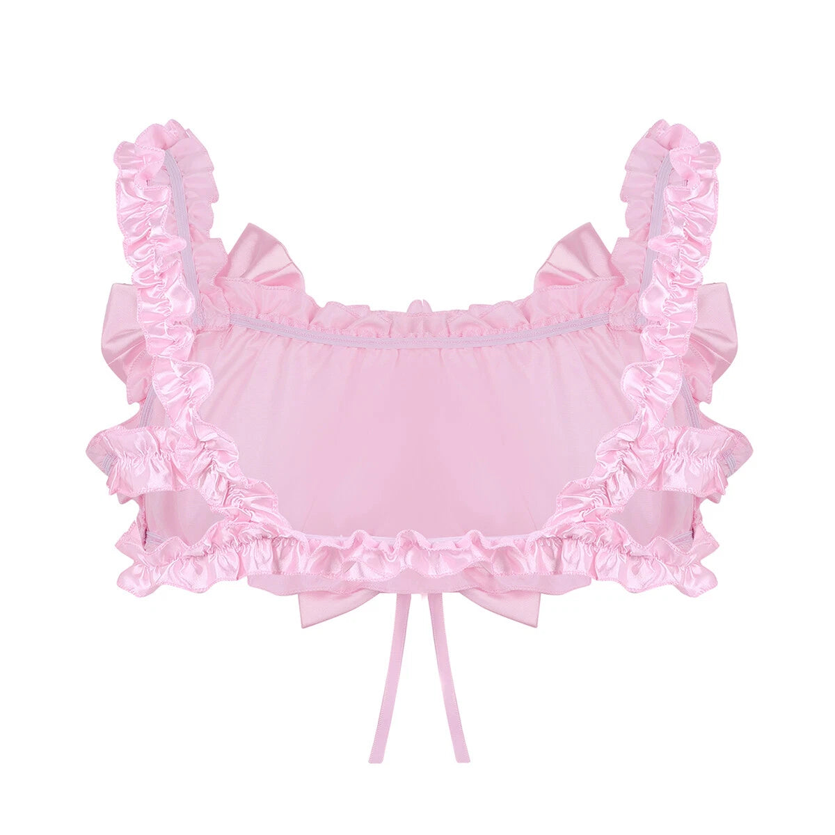 Men Ruffled Lingerie Set Cami Straps Bandeau Bra Thong 2Pcs Crossdresser Pajamas