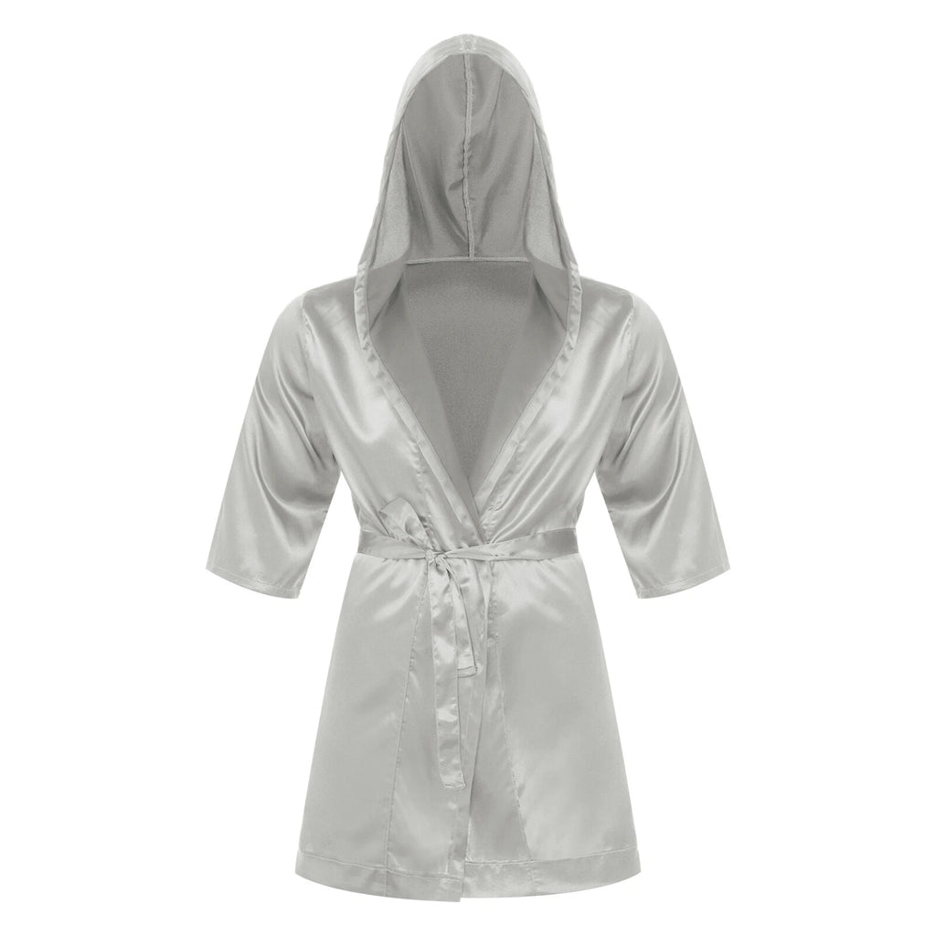 Men's Hooded Robe Set Silk Satin Night Gown Bathrobe Pajama Hot Pants Underwear