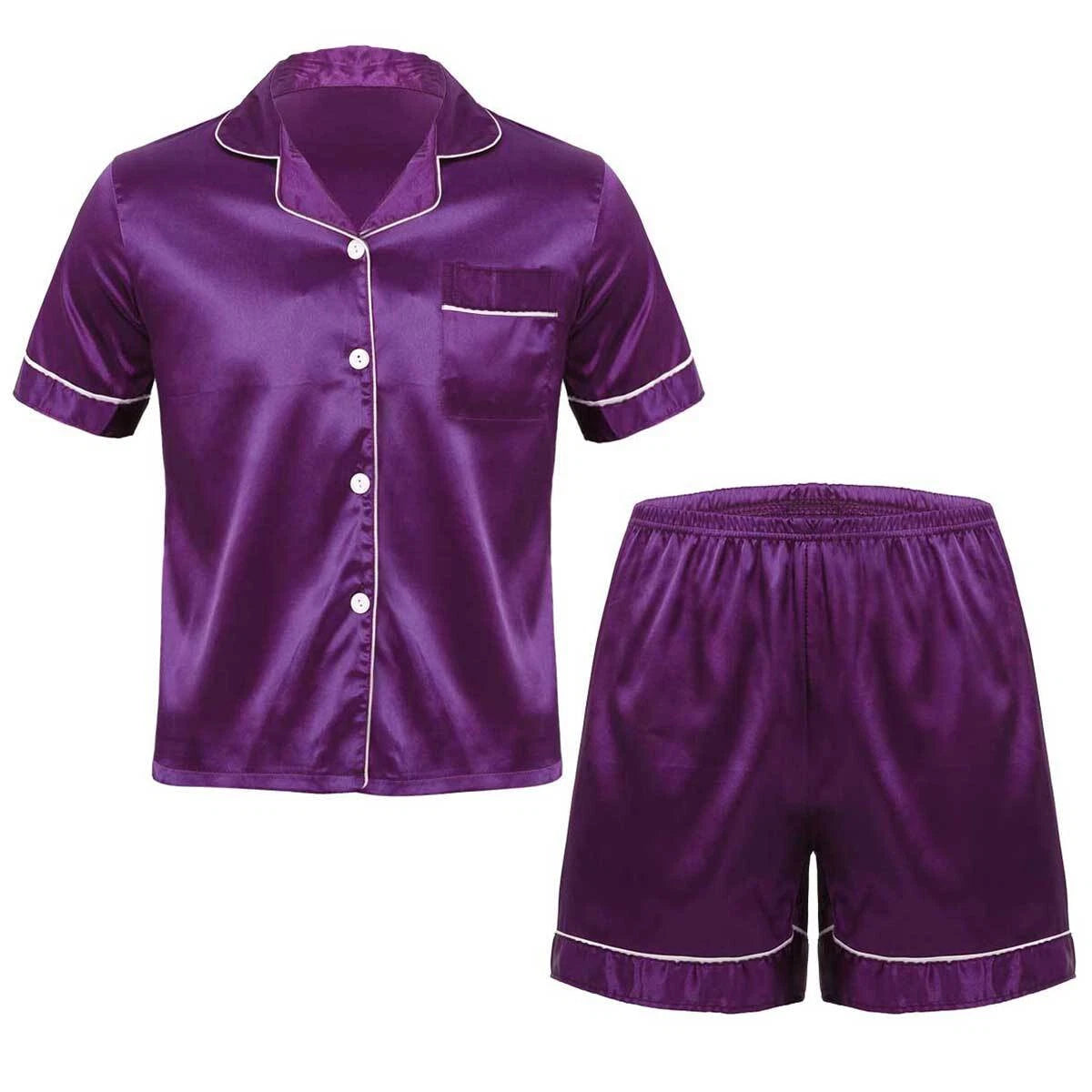 Mens Satin Short Sleeve Silk Pajama Set with Shorts Two Piece Button-Down Pj AU