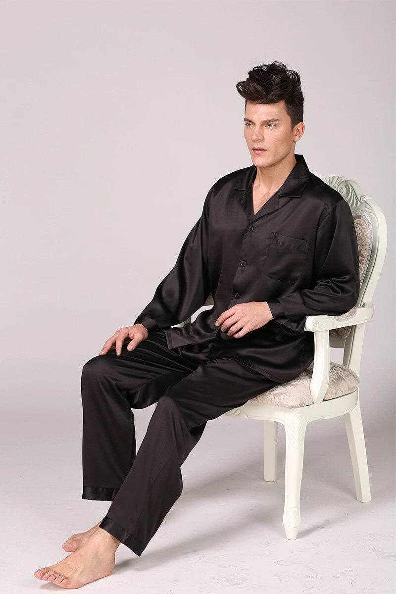 Mens Satin Silk Pyjamas Set Long Traditional Button Up Pyjama PJs Nightwear New