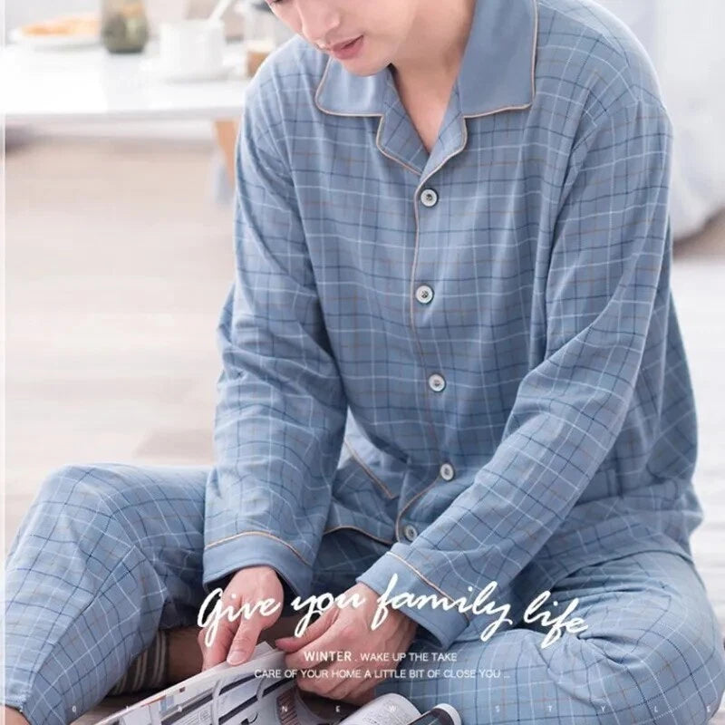 Men's Pajama Sets Simple Sleepwear Long Sleeve Cotton Top Pant Leisure Outwear