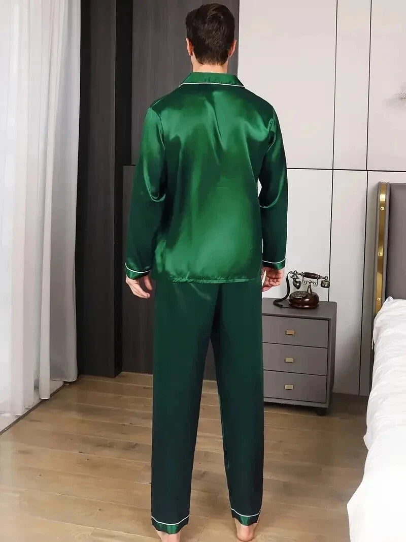 Men's Silk Satin Pajama Set Long Sleeve Soft Sleepwear Loungewear Suit