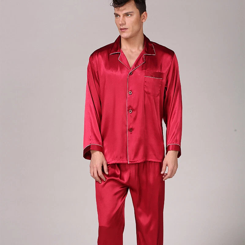 Mens Satin Silk Pyjamas Set Long Traditional Button Up Pyjama PJs Nightwear New
