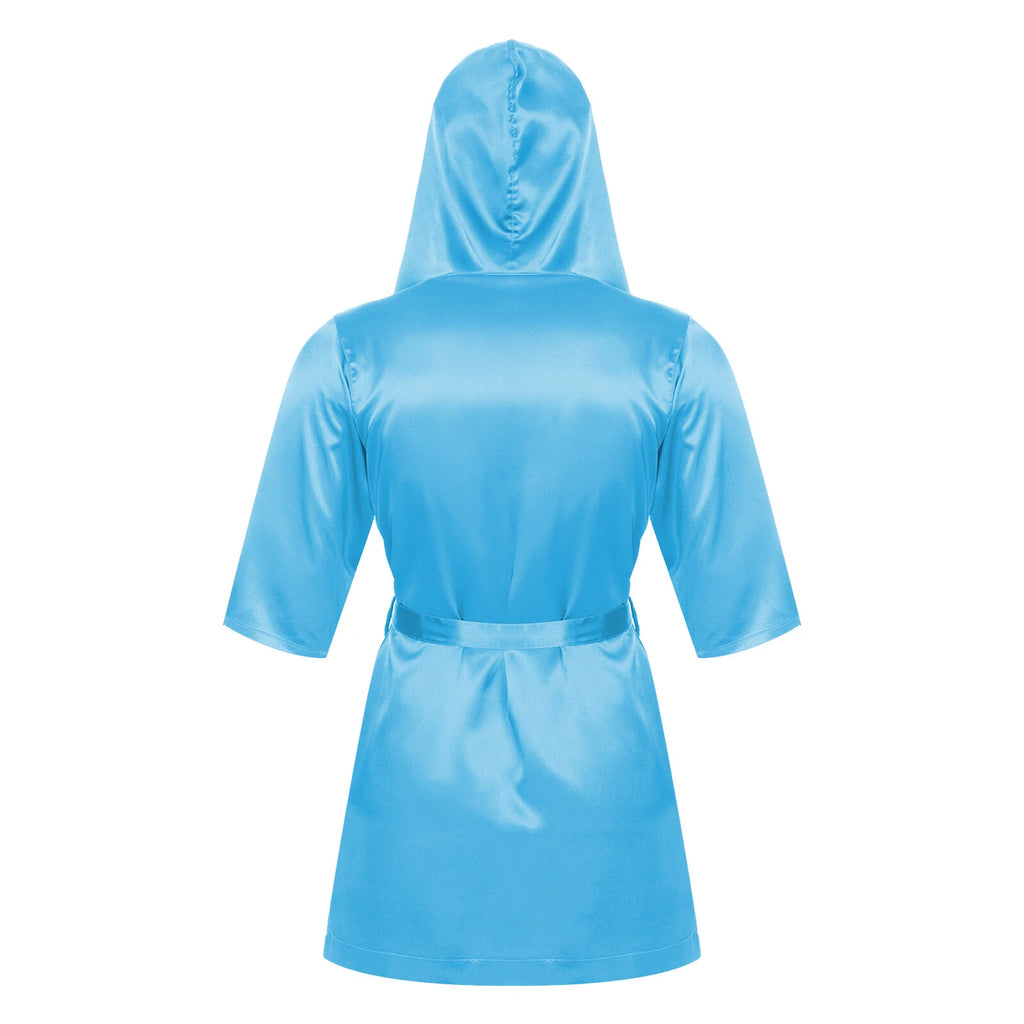 Men's Hooded Robe Set Silk Satin Night Gown Bathrobe Pajama Hot Pants Underwear