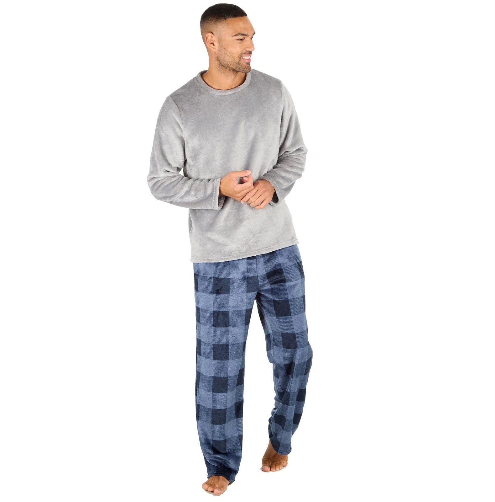 Mens Fleece Pyjamas Long Sleeve Pyjama Set Gamer Gaming Check Size S-XXL