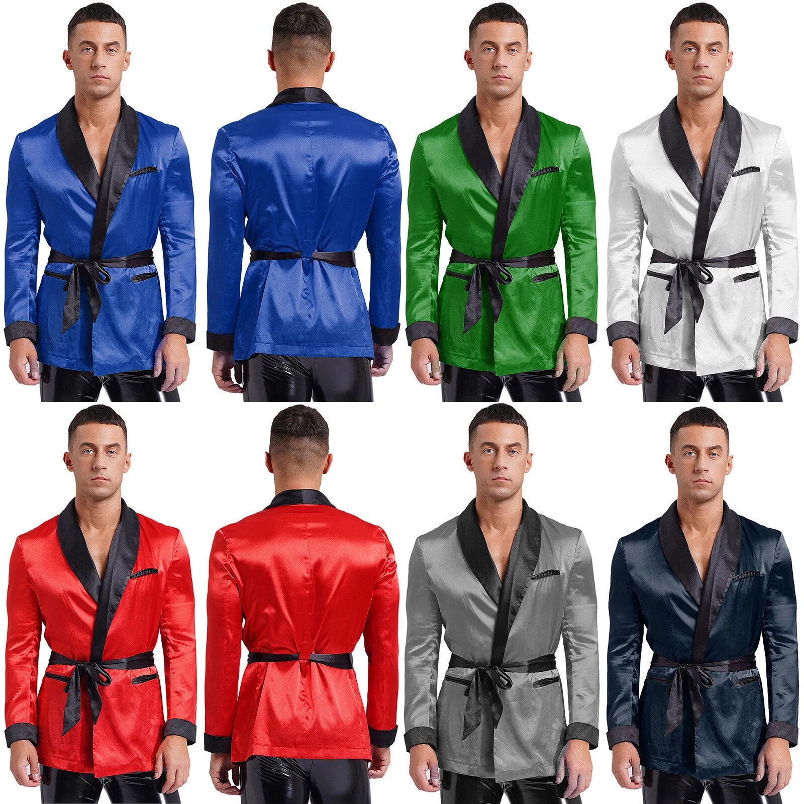 Men's Silk Satin Pajamas Set Short Sleeves Top and Bottom Boxer Shorts Shirt Set