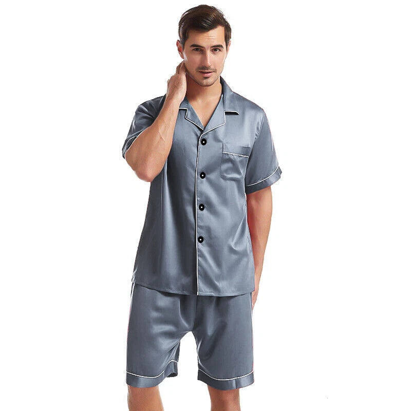 Mens Silk Satin Pajamas Pj Set Top and Shorts Sleepwear Nightwear Casual pijamas