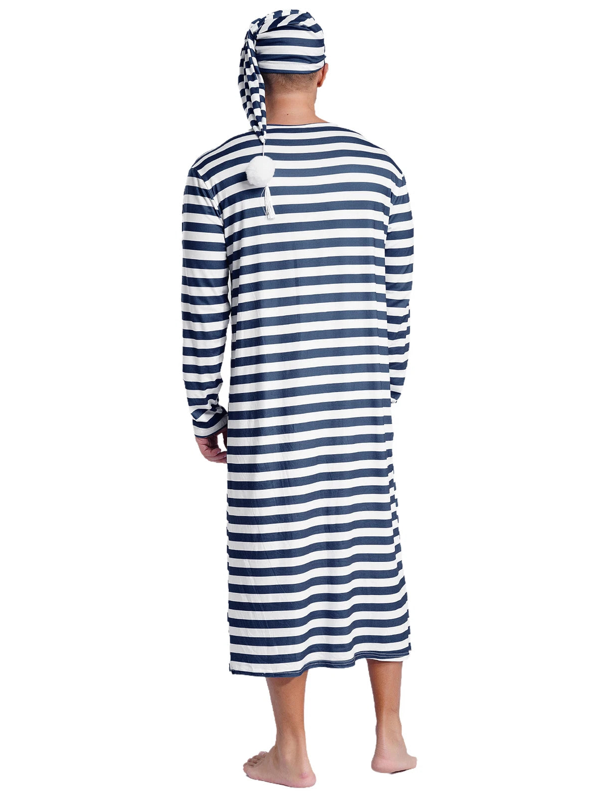 Men's Pajamas Set Long Sleeve Striped Robe Round Neck Loose Sleepwear with Hat
