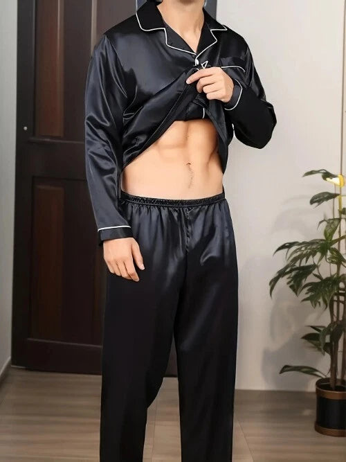 Men Pajamas Set Silk Satin Sleepwear For ManShirt Long Sleeve Pijama Male Winter