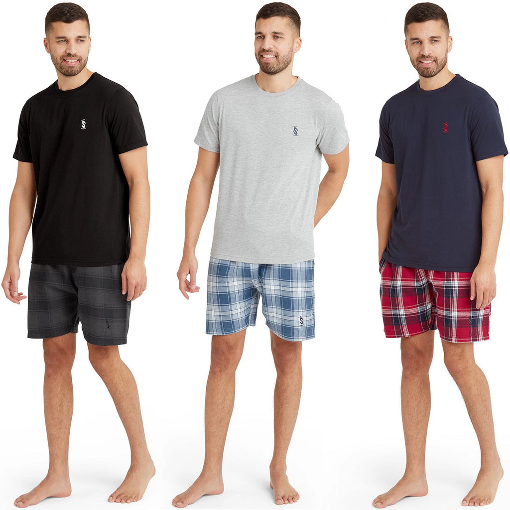 Snuggaroo Mens Short Sleeve Crew Neck T-Shirt Check Shorts PJs Pyjama Set